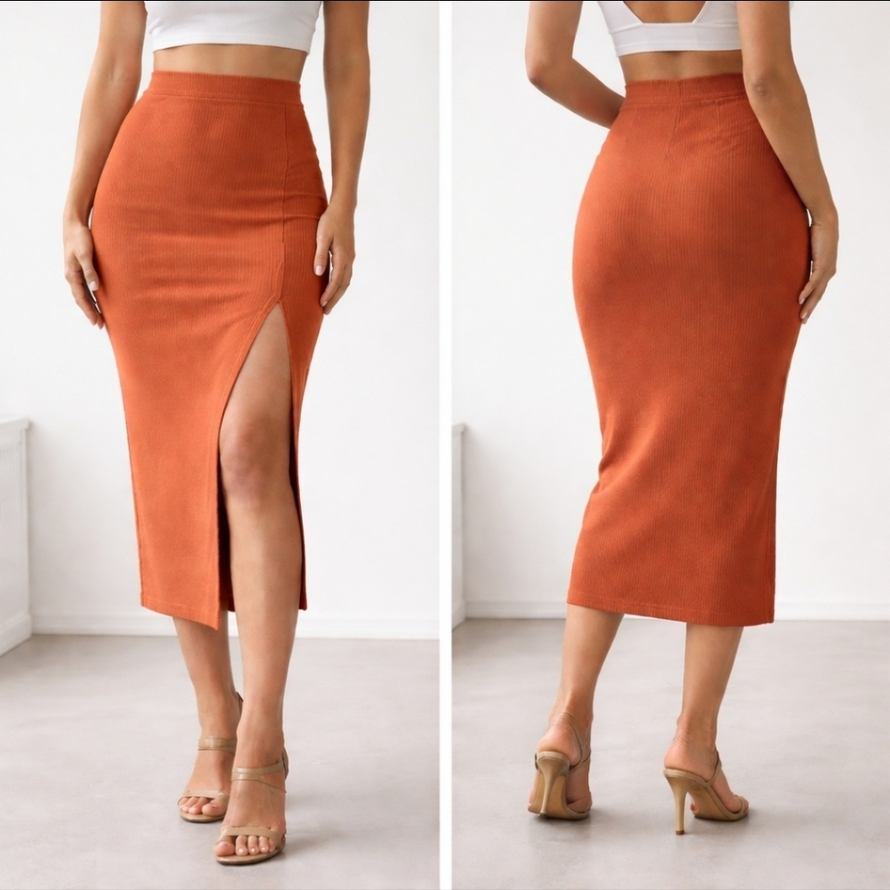 Burnt Orange Ribbed Midi Skirt Side Slit Bodycon Size S